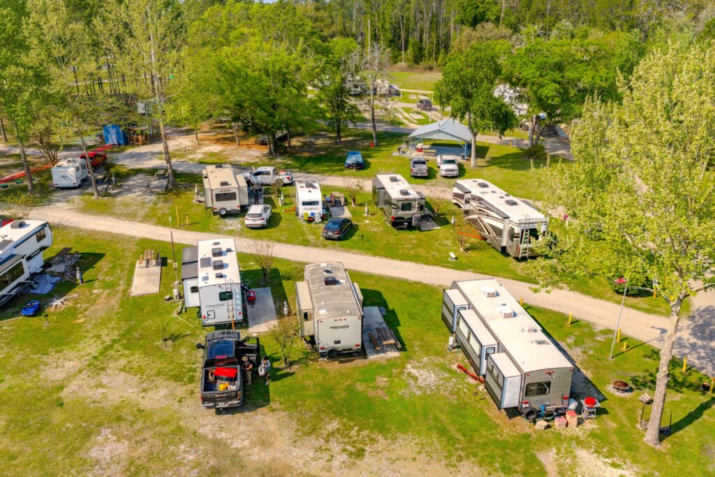 Arial of long term RVers at Lake City RV Resort, nestled among the trees