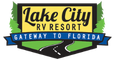Lake City RV Resort Logo in Yellow with "Gateway to Florida" in a blue banner over a black highway